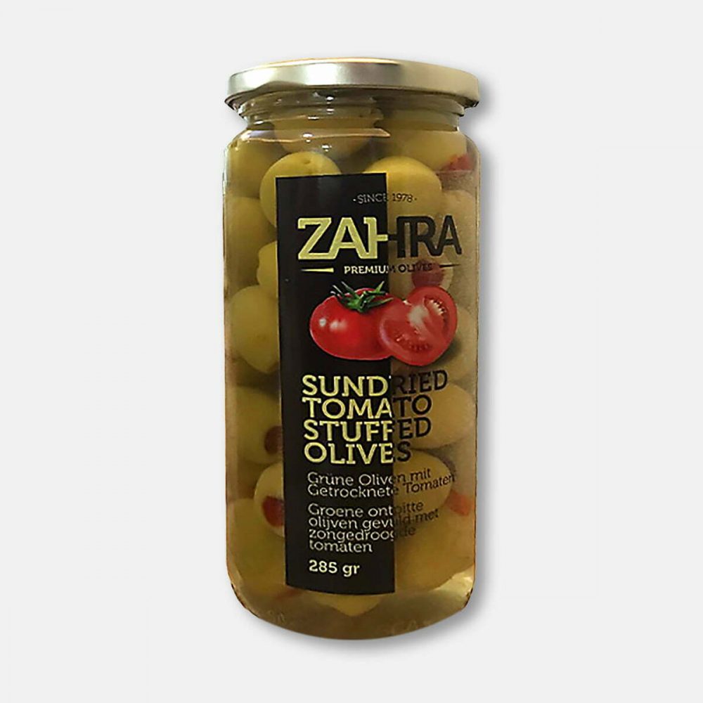 Tureckie zielone oliwki nadziewane suszonymi pomidorami, słoik szklany 285 g